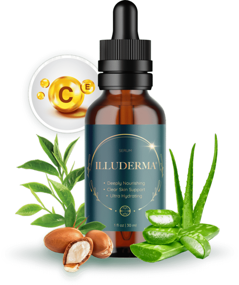 Illuderma anti-aging cream bottle with radiant skin results – customer reviews and product highlights