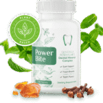 PowerBite supplement bottle with dental candy and natural ingredients on table