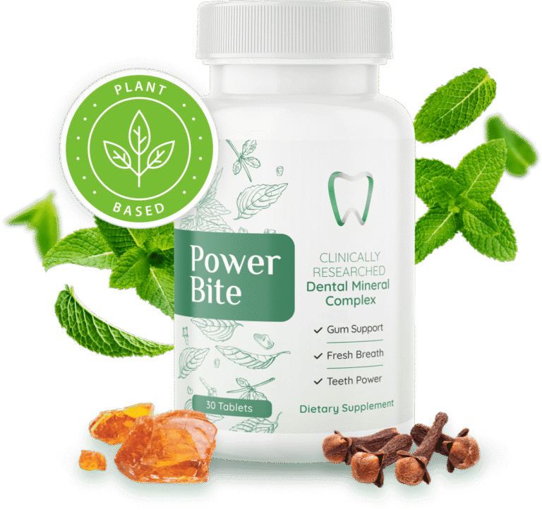PowerBite supplement bottle with dental candy and natural ingredients on table