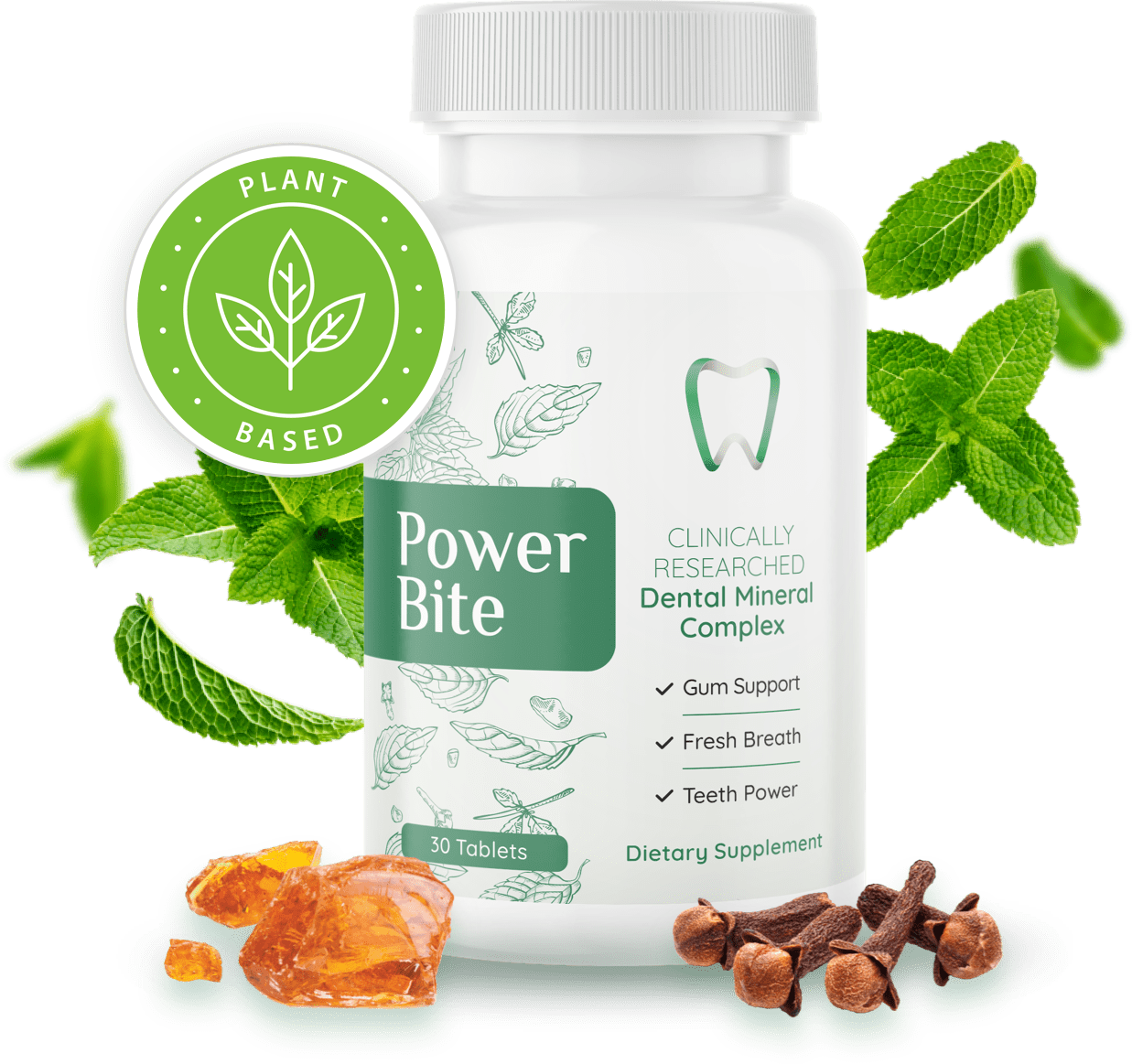 PowerBite supplement bottle with dental candy and natural ingredients on table